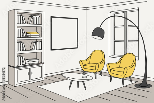 Cozy living room scene with yellow armchairs bookshelf coffee table and floor lamp silhouette isolated on white background