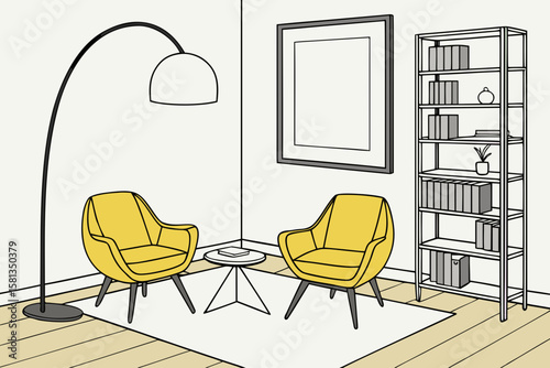 Cozy living room scene with two yellow armchairs a floor lamp a bookshelf and a framed picture isolated on white background silhouette