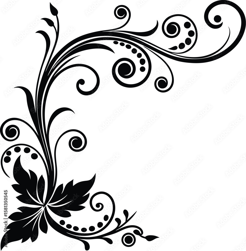 Fototapeta premium Curvy Corner Scrolls With Floral Accent Silhouette