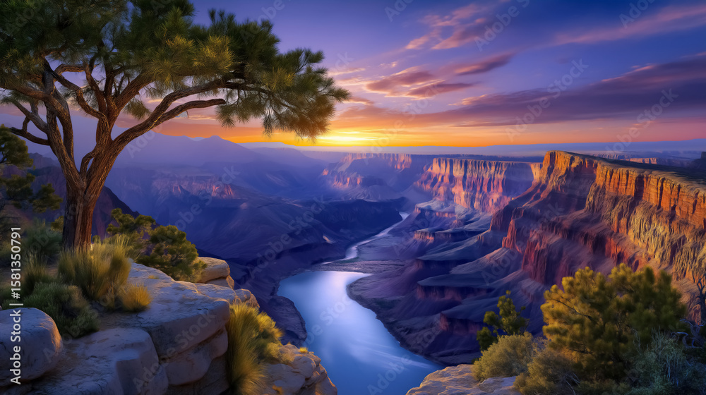 Naklejka premium Sunset casts warm hues over Grand Canyon landscape with majestic cliffs and winding river. Serene natural setting showcasing beauty of wilderness
