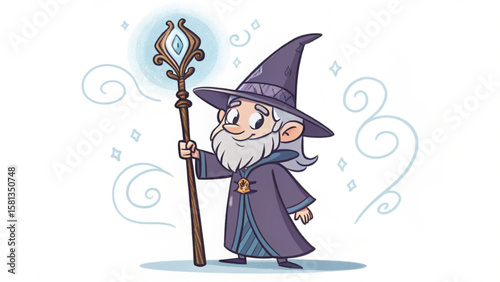 Illustration of a wizard with a pointed hat holding a staff with a glowing gem and swirling magical effects