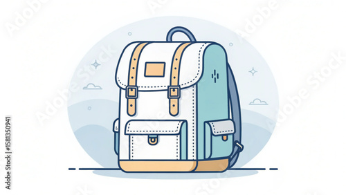 Illustration of a white and blue backpack with straps and pockets against a light blue background