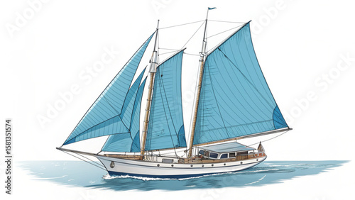 Illustration of a two masted sailing yacht with blue sails on the water against a white background