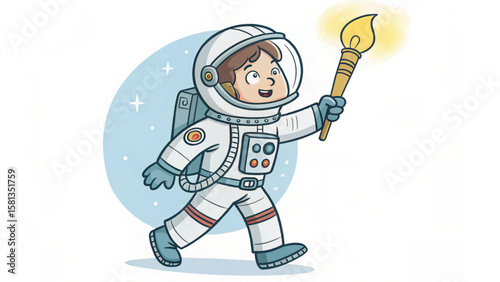 Illustration of a happy astronaut in a spacesuit walking and holding a torch with a flame in his hand