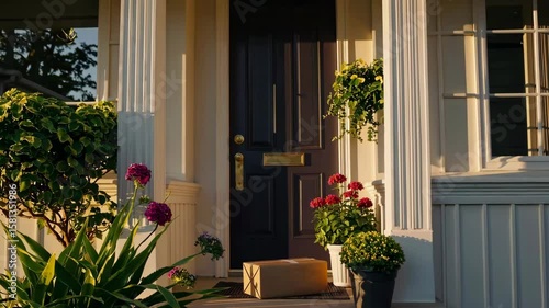 Evening parcel delivery at doorstep with sunlit surroundings and blooming flowers
