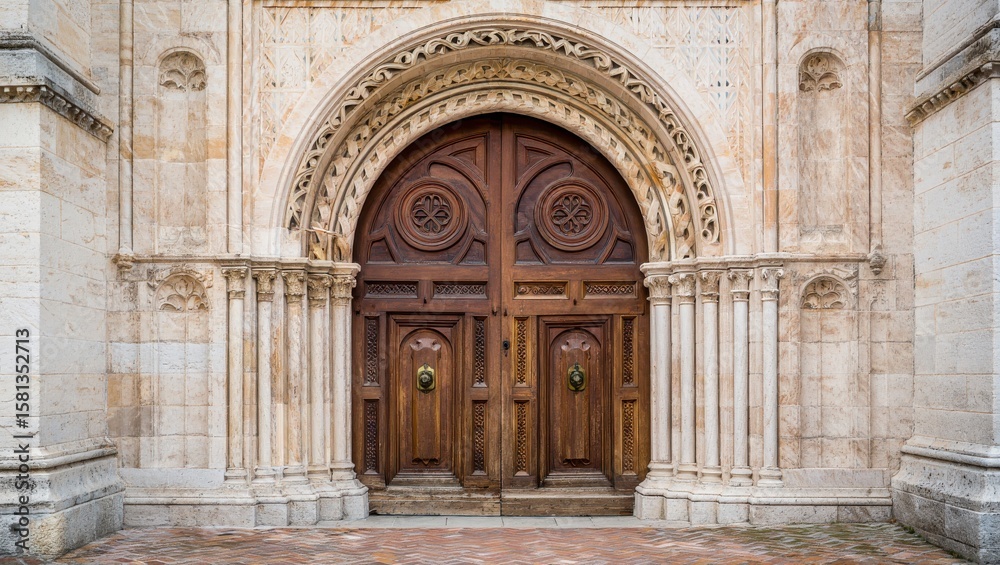 Fototapeta premium Ornate wooden double doors set within a grand stone arched entrance