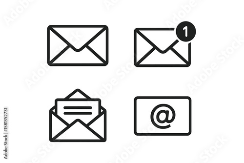 Mail message icon set. Email notification symbol. New inbox letter sign collection. Digital communication interface element. Vector graphic pictogram for web and mobile apps.