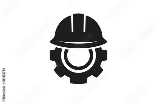 Construction logo icon with hard hat and gear. Industrial engineering symbol. Safety helmet for builder or worker. Simple vector graphic for manufacturing and development.