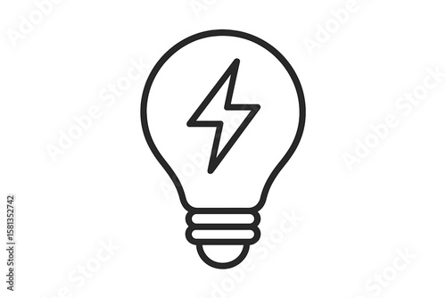 Light bulb with lightning bolt icon. Concept for electricity, power, energy, idea, innovation, inspiration, creativity. Simple line art vector symbol for solution and tech.