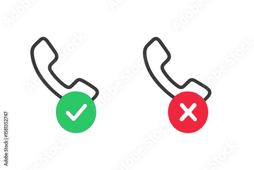 Accept and decline phone call button icon set. Green check mark for answer and red cross for reject. Incoming call symbol for mobile app and web UI/UX design. Vector.