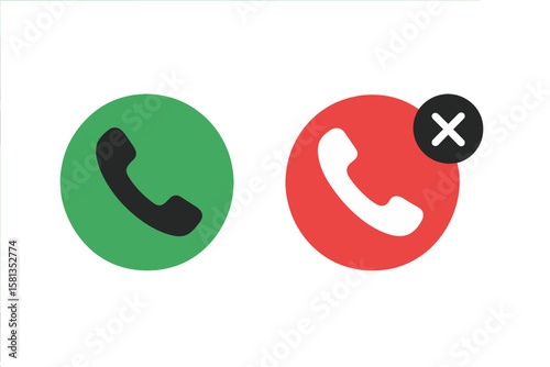 Accept and decline phone call buttons. Green answer and red reject icons for mobile app UI. Vector symbol for incoming call screen. Yes and no communication concept design.