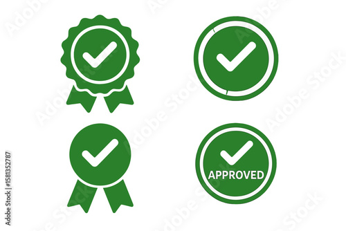 Approved medal icon and certified badge collection. Green approval check symbol set for quality guarantee. Vector illustration of validation seals. Top service, verified.