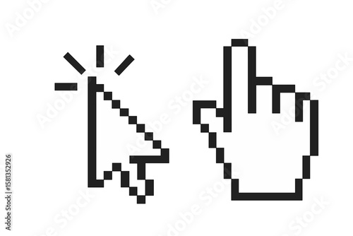 Pixel cursor icon set. Computer mouse click arrow and hand pointer symbol. Retro 8-bit digital graphic for web design. User interface element. Vector isolated illustration.