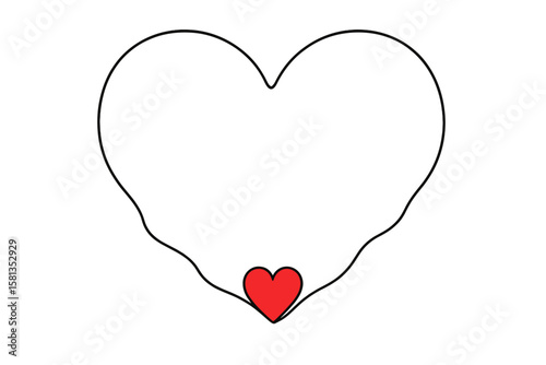 Minimalist Continuous Line Heart Shape Border with Red Heart, Love Symbol, Romantic Frame, Isolated on White, Transparent PNG Vector Illustration, Modern Design Element