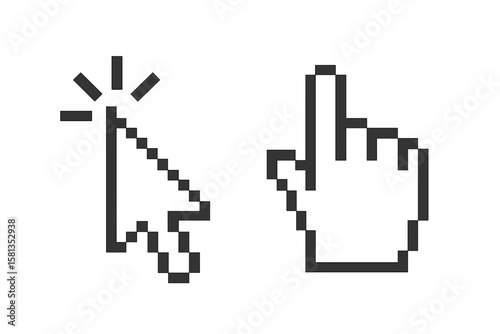 Pixel cursor icons set. Computer mouse pointer hand and arrow. Retro 8-bit click symbol for web design. Vintage select button vector illustration for UI UX interface.