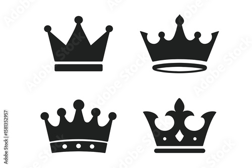Royal Crown Icon Set. Black Silhouette Vector Crowns Collection. Monarchy, King, Queen, Royalty Symbols. Elegant Classic Crown Icons. Isolated Clipart for Logo, Badge, Emblem, Design