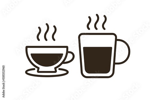 Minimalist Hot Coffee and Tea Cup and Mug Icon Set, Steaming Beverage Silhouette, Modern Flat Vector Illustration for Cafe, Restaurant, Food Delivery, Drink Menu, Transparent Background