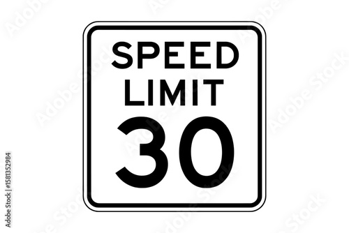 Speed Limit 30 Sign Vector Illustration. Road Traffic Regulation Symbol. Printable Black and White Speed Limit Sign. Urban Street Safety Icon. Transportation Law Design. USA Highway Signage.