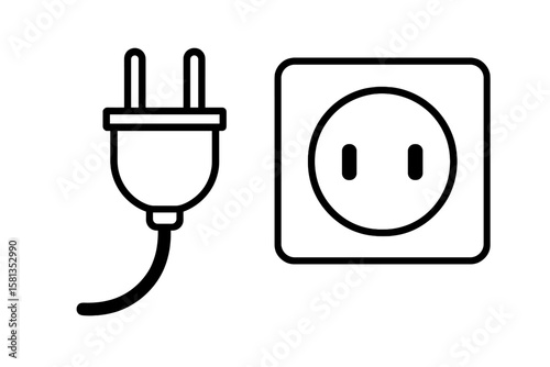 Electric plug and socket vector icon. Power outlet symbol. Electricity, energy, and connection concept. Line art illustration of a power cord and wall socket. Minimalist.