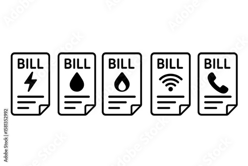 Set of utility bill icons. Electricity, water, gas, internet, phone bills. Concept of payment, expenses, finance, invoice, receipt. Vector for financial services design.