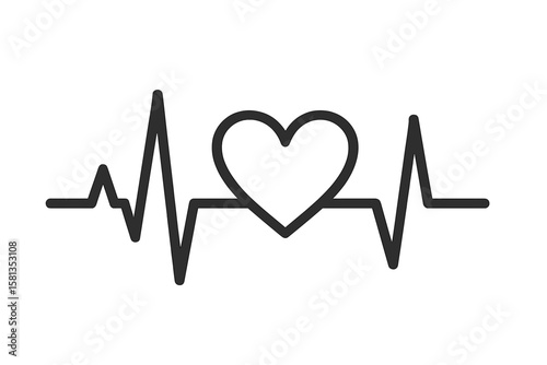 Heartbeat Line with Heart Shape, ECG Pulse, Medical Health Care Symbol, Cardiology Concept, Heart Rate Monitor, Vector Illustration, Isolated on White Background