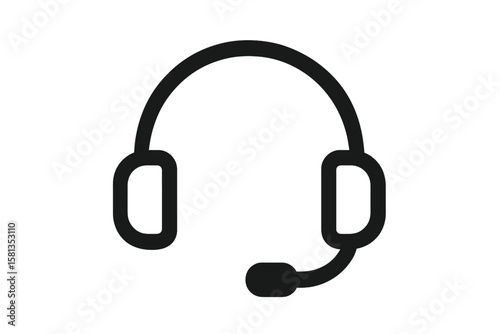 Minimalist Headset Icon, Simple Headphones with Microphone, Black Line Art, Customer Support, Call Center, Audio Device, Vector Illustration for App, UI, Website, Transparent Background