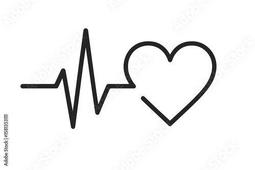 Heartbeat Line and Heart Shape Icon. ECG Pulse Symbol. Medical Heart Rate Monitor. Cardiogram Vector Illustration. Healthcare, Cardiology, Emergency, Life Support, Wellness, Transparent Background