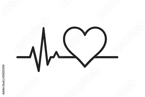 Minimalist Heartbeat Line with Heart Shape. ECG Pulse Icon. Medical Healthcare Symbol. Cardiogram Vector Illustration. Heart Rate Monitor. Isolated Black Line Art on White Background.