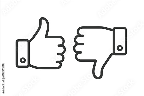 Thumbs Up and Down Outline Icons for Feedback, Like and Dislike Buttons, Positive and Negative Response, Social Media Approval, Vector Symbol, Transparent Background