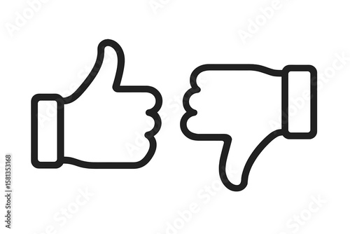 Thumbs Up and Down Outline Icons for Feedback, Like and Dislike Button, Positive Negative Response, Social Media Approval Rejection, Vector Symbol, Transparent Background