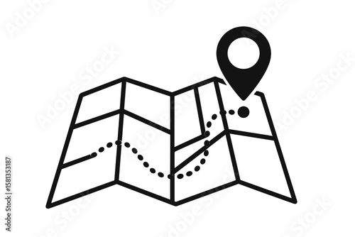 Map icon with location pin and path. GPS navigation and route tracking concept. Journey destination, travel guide, and direction finding symbol. Position search vector.