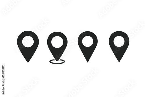 Map pin icon set. Location symbol for app, website and UI design. GPS navigation pointer marker. Destination point sign. Geolocation address place. Vector illustration.