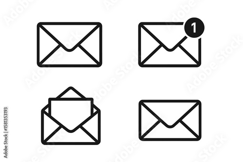 Mail icon set. Message symbol collection. New message notification badge. Open envelope sign. Simple flat email icons for app, ui, ux, website design element. Line art vector.