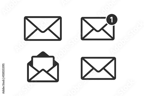 Mail icon set. Email envelope message symbol. New incoming notification counter. Open letter communication sign. Simple flat line graphic for web ui app contact page design.