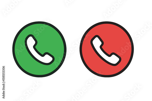 Green and Red Phone Call Buttons Icon Set. Accept and Decline Call Symbols. Communication Interface Elements. Vector Illustration. Isolated Transparent Background. Mobile App UI Design.