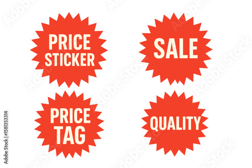 Red starburst sticker set for sales and promotions. Vector price tags and quality badges with a retro sunburst design. Special offer and discount label icon collection.