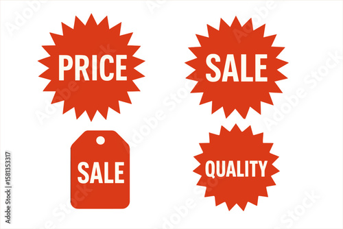 Red starburst sticker set for sales and promotions. Vector sunburst price tags and quality badges. Retro sale icons and labels isolated on a transparent background.