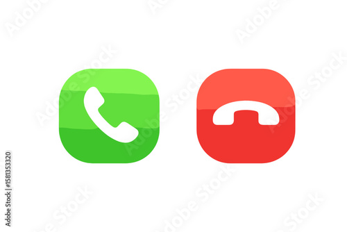 Green and Red Phone Call Buttons Icon Set. Incoming and End Call Symbols. Mobile App UI Elements. Communication, Answer, Hang Up, Telecommunication, Vector Illustration, Isolated