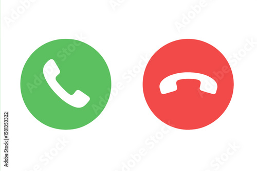 Green and Red Phone Call Buttons Icon Set. Accept and Decline Call Symbols. Vector Illustration. Communication UI Elements. Mobile App Interface. Isolated Transparent Background