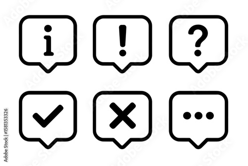 Web icon set. Pop-up notification. Speech bubble. Info, alert, question, check mark, cross, more options. UI, UX element. App interface button. Vector line icon collection.