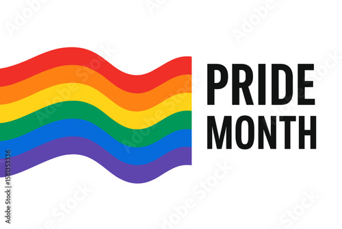 Pride Month banner with text, vibrant LGBT rainbow wavy flag. LGBTQ pride stripes background, transparent PNG and vector illustration. Colorful equality, diversity symbol.