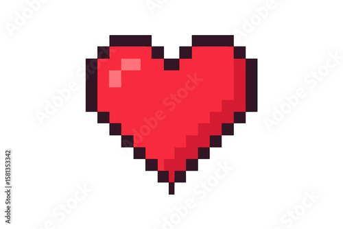 Red pixel heart icon. 8-bit retro video game style love symbol. Pixelated health or life indicator shape for game UI, app, web design. Digital graphic vector element.