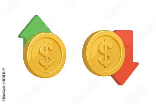 3D Dollar Coin with Up and Down Arrows, Financial Growth and Decline, Money Rate Change, Price Increase and Decrease, Cost Fluctuation, Economic Trend, Transparent Vector Illustration