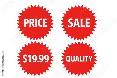 Red starburst sale sticker set. Price tag and quality badge vector icons. Sunburst retro style for special offer, discount, promotion, and advertising. Isolated on white.