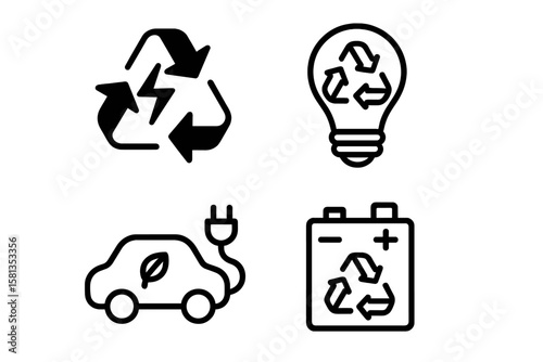 Recyclable Electrical Energy Icon Set, Eco-Friendly Power Symbols, Green Energy Vector Illustrations and Transparent PNGs for Sustainable Technology and Renewable Resources