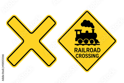 Railroad Crossing Warning Signs Vector Illustration. Yellow Railway Crossing Symbol, Train Icon, Railroad Level Crossing Ahead, Traffic Safety Signage, Isolated Transparent PNG