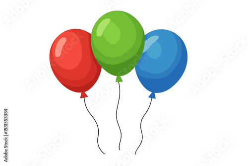 Colorful red, green, and blue balloons with strings isolated on transparent background, vibrant party decoration vector illustration, festive celebration graphic design