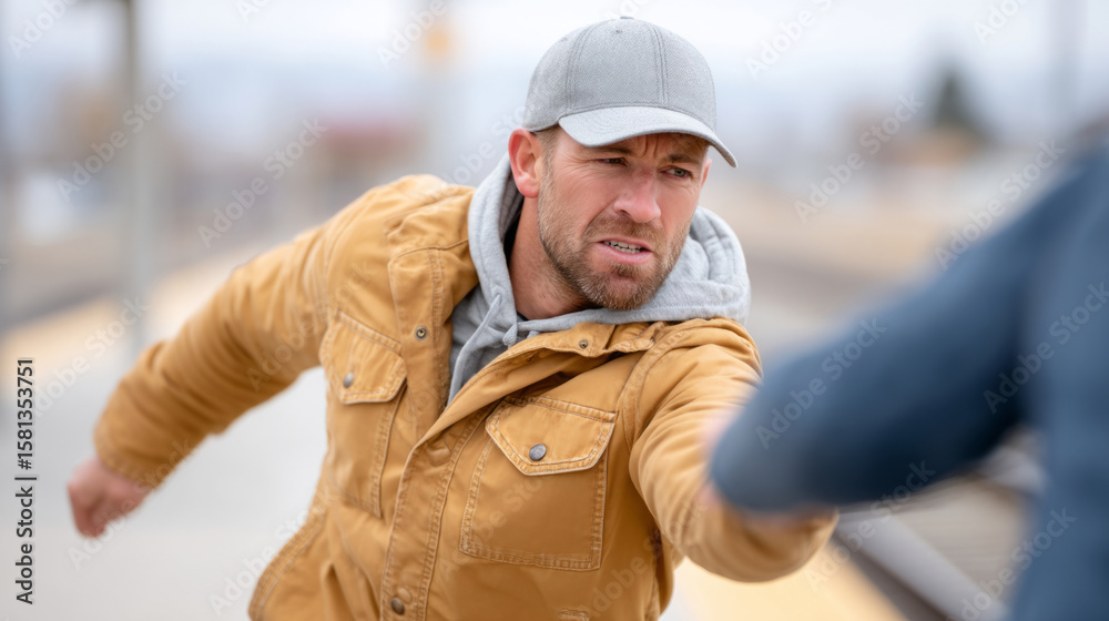 Obraz premium Man practicing self defense during morning drill at train station