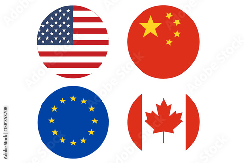 USA, China, EU, Canada round flags vector icon set. Concept of international trade conflict, import tariff war, economic sanctions, and global political relations.