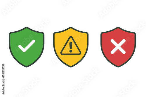 Safe, Caution, and Unsafe Shield Icon Set with Green Tick, Yellow Warning Sign, and Red Cross Symbols for App and Website Interface, Transparent PNG and Vector Illustration